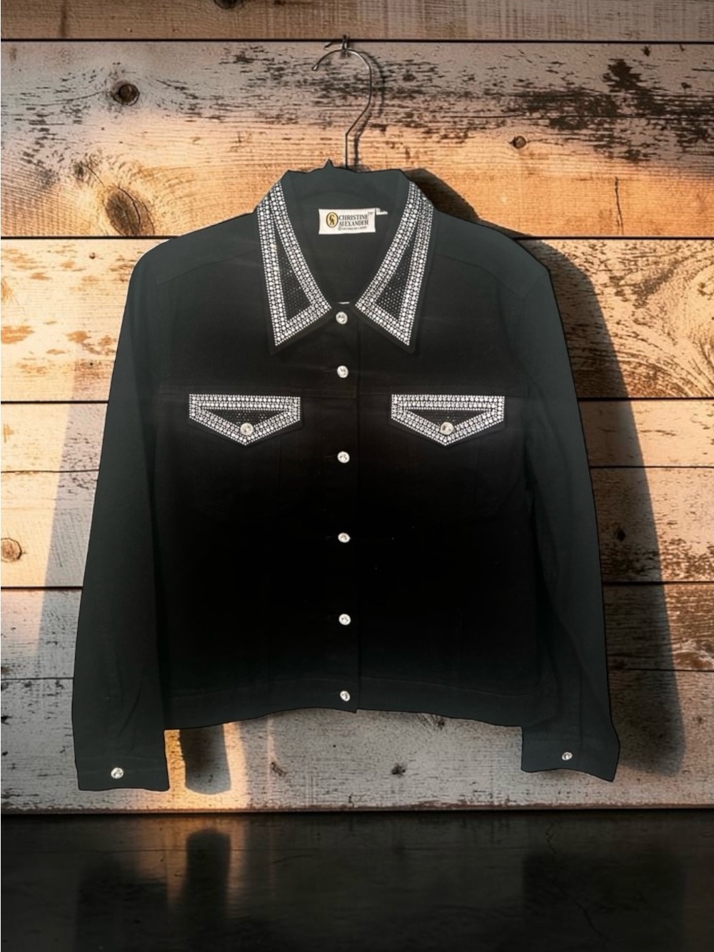 NWOT Christine Alexander Black Denim Jacket Swarovski Crystal Bling size Medium